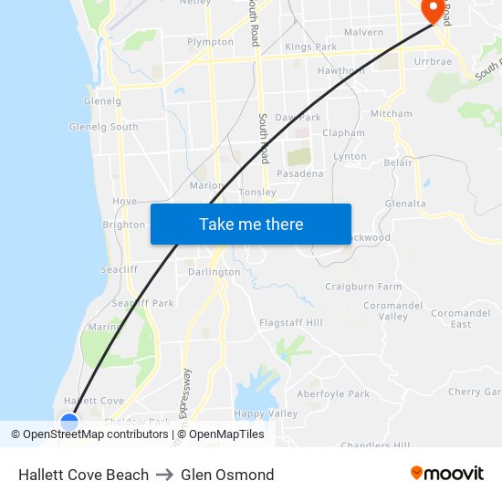 Hallett Cove Beach to Glen Osmond map