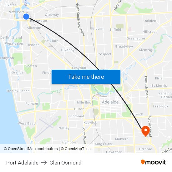 Port Adelaide to Glen Osmond map