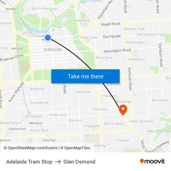 Adelaide Tram Stop to Glen Osmond map