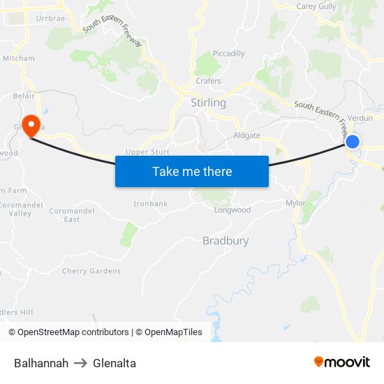 Balhannah to Glenalta map