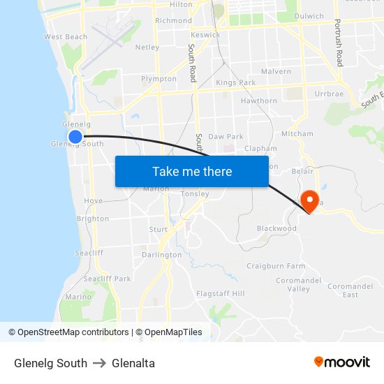 Glenelg South to Glenalta map