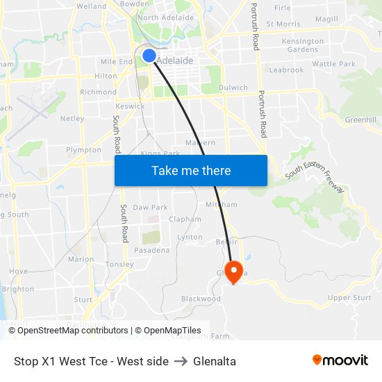 Stop X1 West Tce - West side to Glenalta map