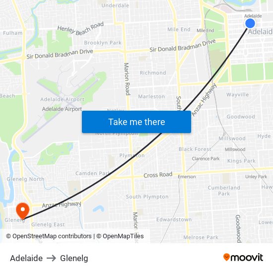 Adelaide to Glenelg map