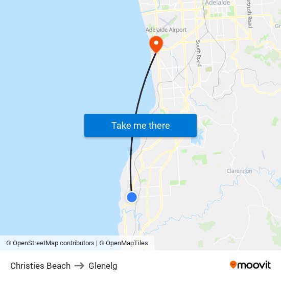 Christies Beach to Glenelg map