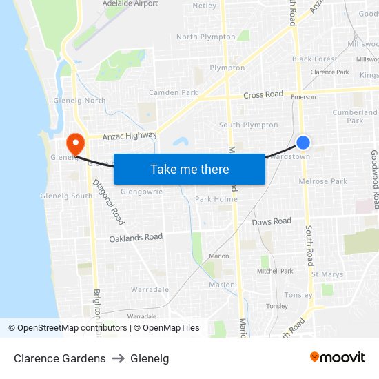 Clarence Gardens to Glenelg map