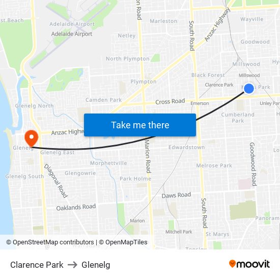 Clarence Park to Glenelg map