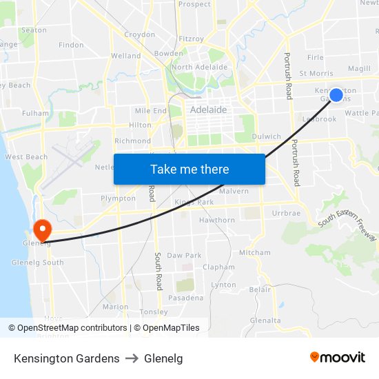 Kensington Gardens to Glenelg map