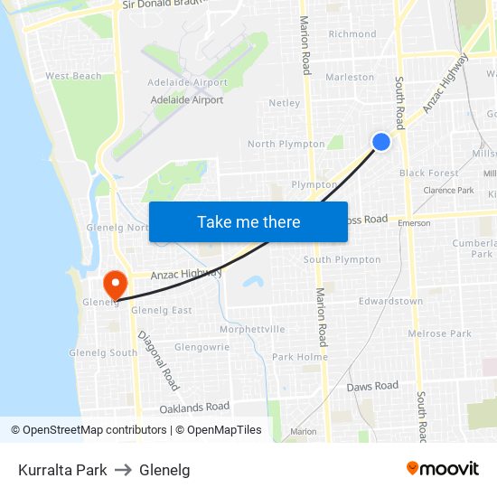 Kurralta Park to Glenelg map