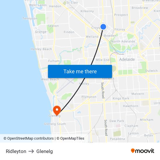 Ridleyton to Glenelg map