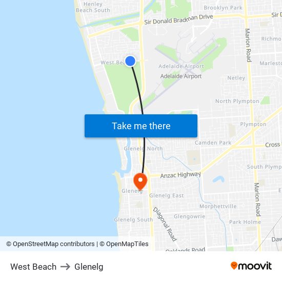 West Beach to Glenelg map