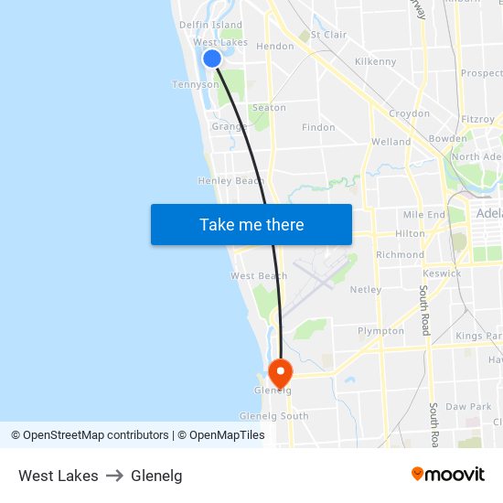 West Lakes to Glenelg map