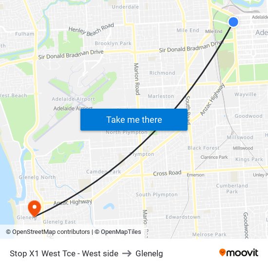 Stop X1 West Tce - West side to Glenelg map