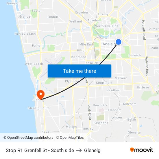 Stop R1 Grenfell St - South side to Glenelg map