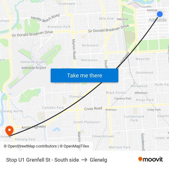 Stop U1 Grenfell St - South side to Glenelg map