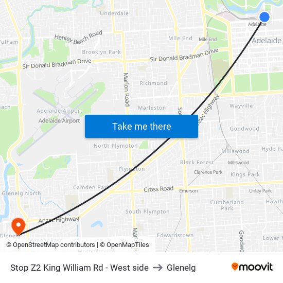 Stop Z2 King William Rd - West side to Glenelg map