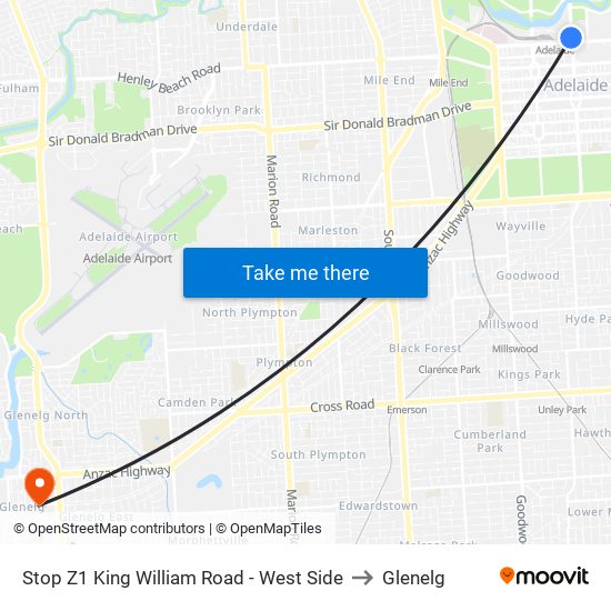 Stop Z1 King William Road - West Side to Glenelg map