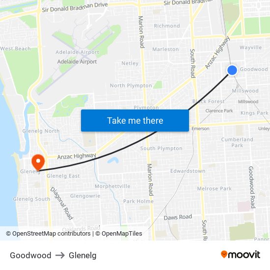 Goodwood to Glenelg map