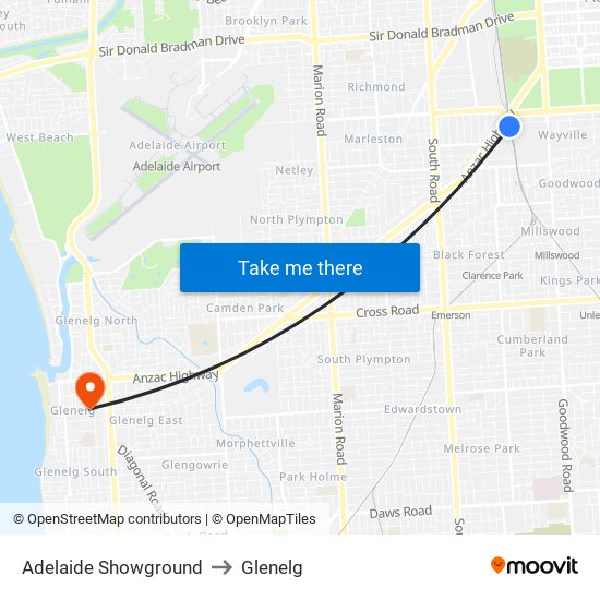 Adelaide Showground to Glenelg map