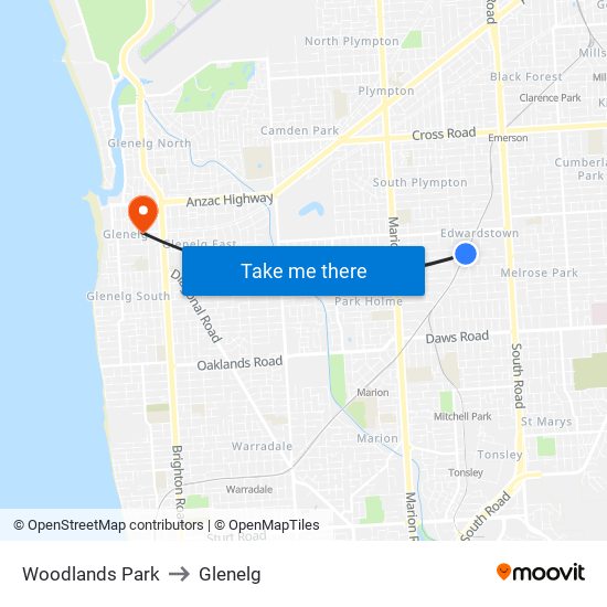 Woodlands Park to Glenelg map