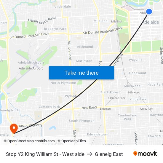 Stop Y2 King William St - West side to Glenelg East map