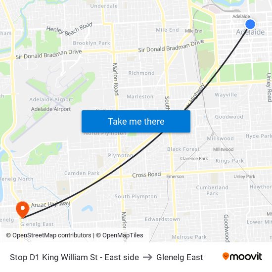 Stop D1 King William St - East side to Glenelg East map