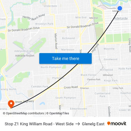 Stop Z1 King William Road - West Side to Glenelg East map