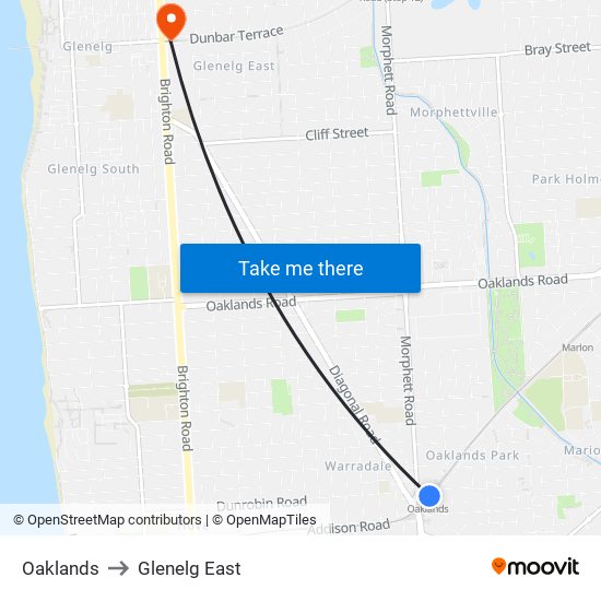 Oaklands to Glenelg East map