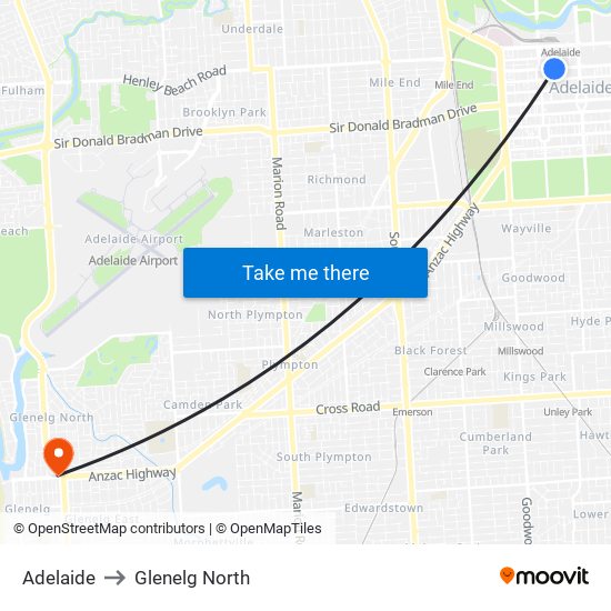 Adelaide to Glenelg North map