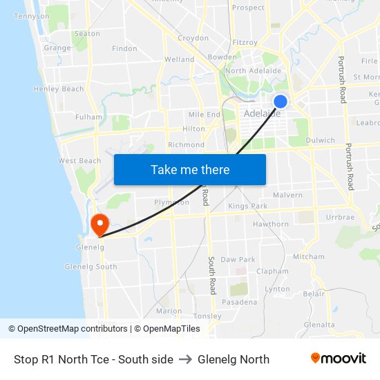 Stop R1 North Tce - South side to Glenelg North map