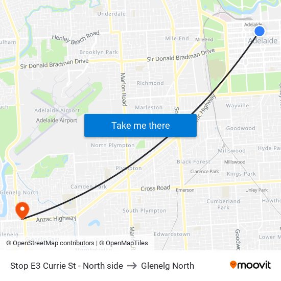 Stop E3 Currie St - North side to Glenelg North map