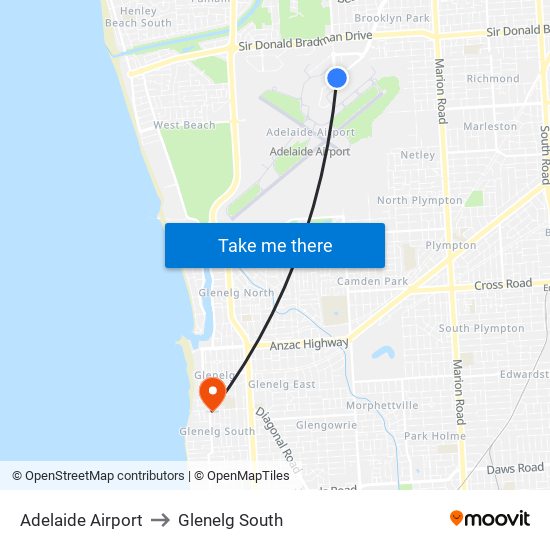 Adelaide Airport to Glenelg South map