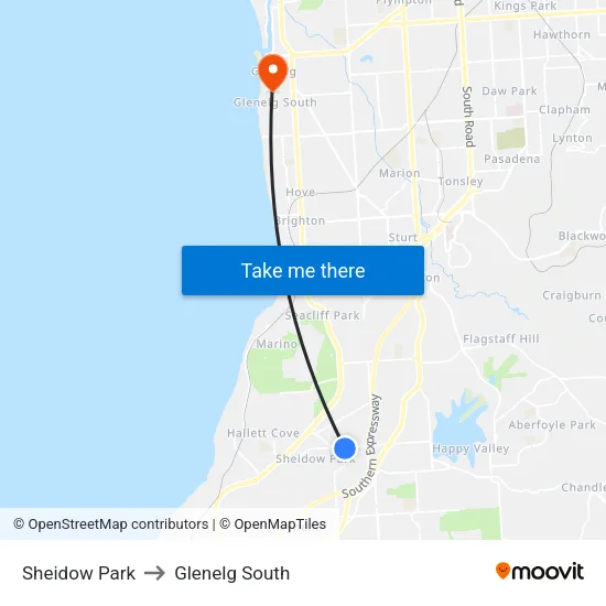 Sheidow Park to Glenelg South map