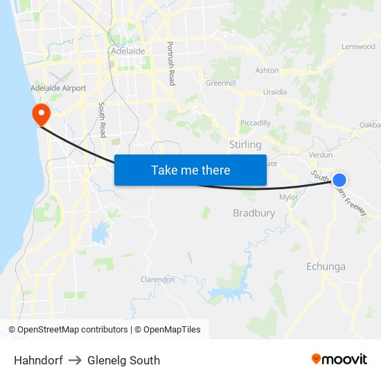 Hahndorf to Glenelg South map