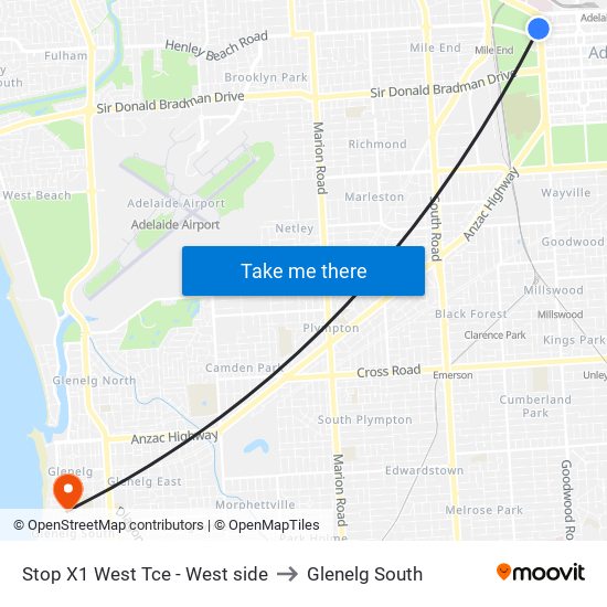 Stop X1 West Tce - West side to Glenelg South map
