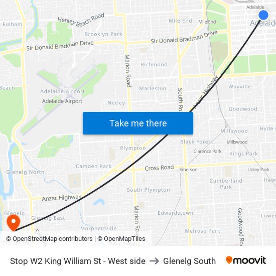 Stop W2 King William St - West side to Glenelg South map