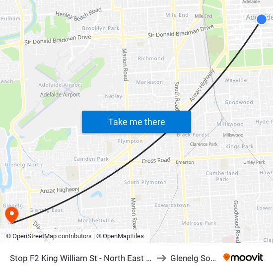 Stop F2 King William St - North East side to Glenelg South map