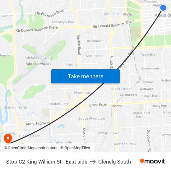 Stop C2 King William St - East side to Glenelg South map