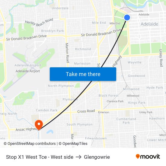 Stop X1 West Tce - West side to Glengowrie map