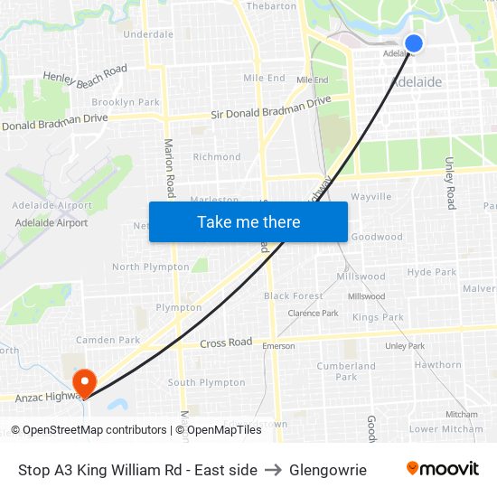 Stop A3 King William Rd - East side to Glengowrie map