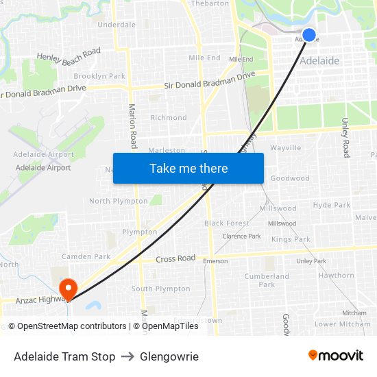Adelaide Tram Stop to Glengowrie map