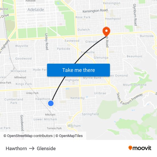 Hawthorn to Glenside map