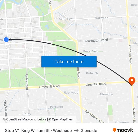 Stop V1 King William St - West side to Glenside map