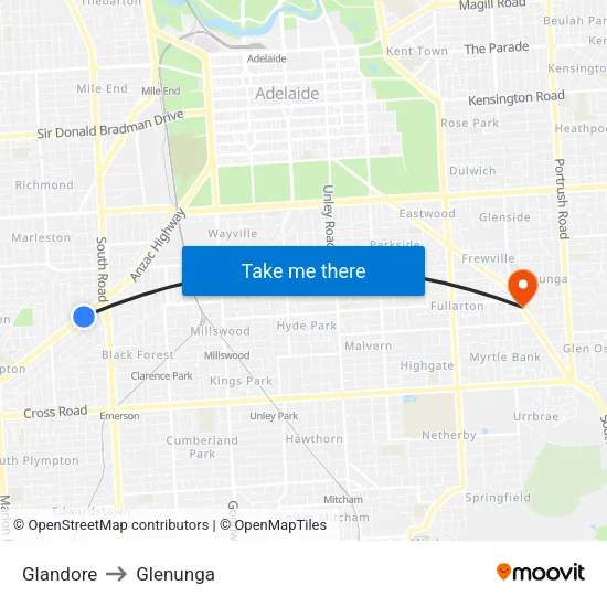 Glandore to Glenunga map