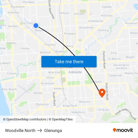 Woodville North to Glenunga map