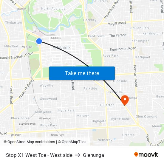 Stop X1 West Tce - West side to Glenunga map