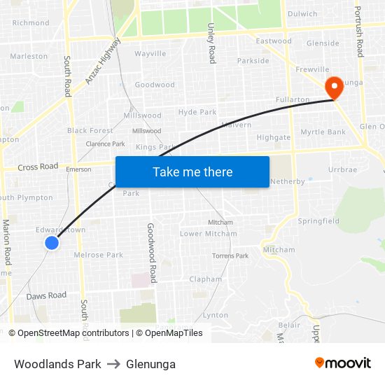 Woodlands Park to Glenunga map