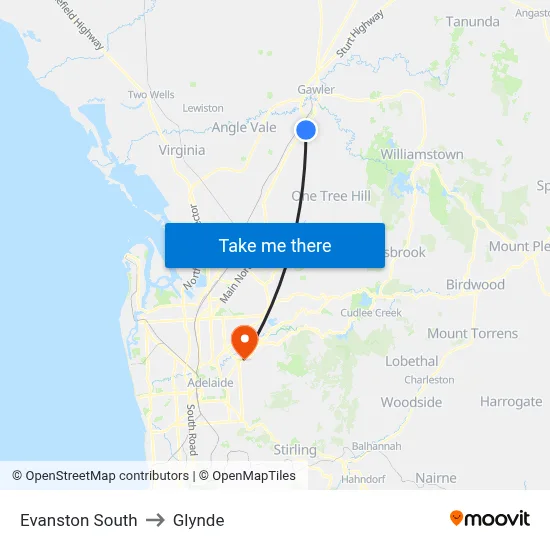 Evanston South to Glynde map