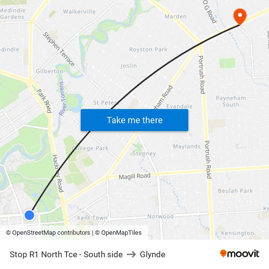 Stop R1 North Tce - South side to Glynde map