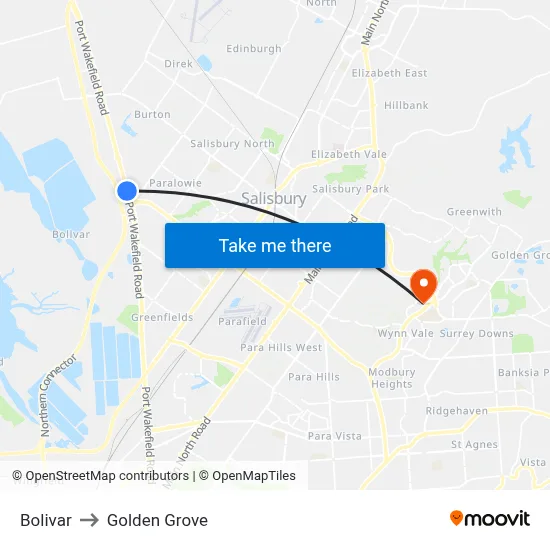 Bolivar to Golden Grove map