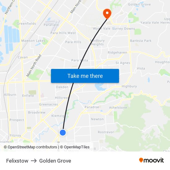 Felixstow to Golden Grove map